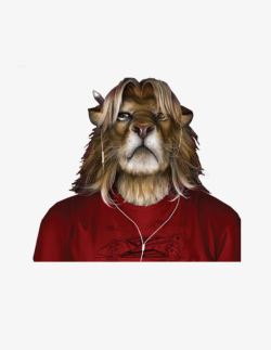 狮子戴耳机的动物红衣服素材