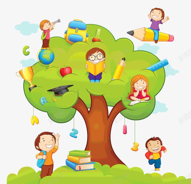 大树上的小孩png免抠素材_新图网 https://ixintu.com 大树 字母 学习 小孩 数字 文具 电笔 绿色 读书