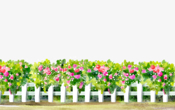绿色围栏花丛红色花朵白色围栏高清图片