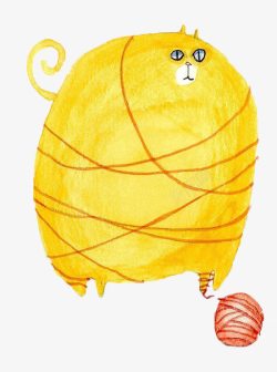 黄色毛线卡通手绘玩毛球的胖猫高清图片