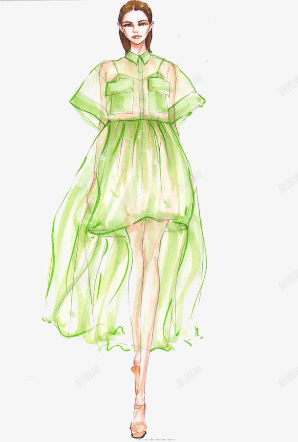 手绘模特png免抠素材_新图网 https://ixintu.com 时尚女孩 服装设计 服装设计样本 服饰模特 水彩 素描 绿裙子 美女