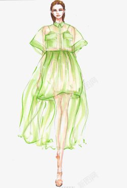 绿裙美女手绘模特高清图片