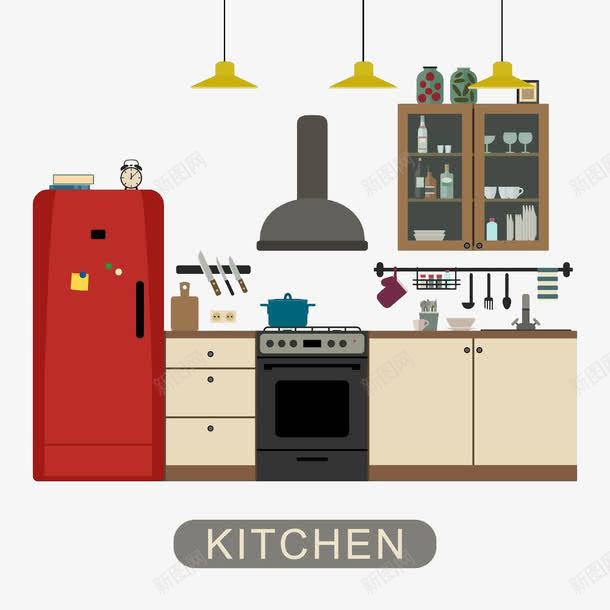 厨房家具png免抠素材_新图网 https://ixintu.com 卡通手绘 厨房 厨房台 工具 操作台 橱柜 洗手台 电冰箱
