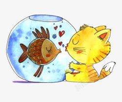 黄色条纹鱼黄色猫咪拥抱鱼缸和鱼亲吻高清图片