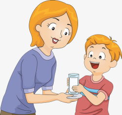 小男孩喝水拿着一杯水的母亲高清图片
