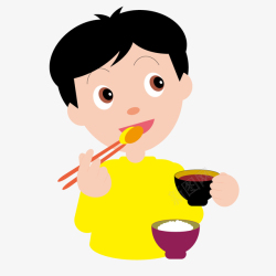 配套碗筷吃饭喝汤的黄衣服小男孩矢量图高清图片