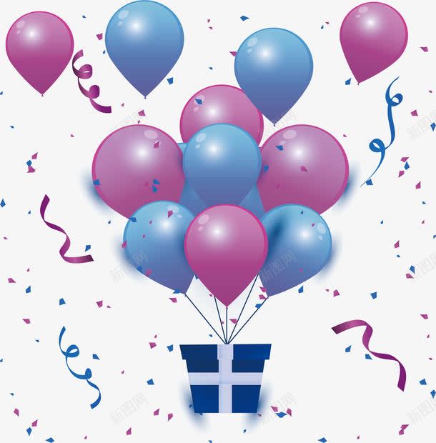 蓝紫色珠光气球束png免抠素材_新图网 https://ixintu.com 彩色飘带 气球墙 气球束 生日礼物 矢量png 蓝色礼盒 送礼物