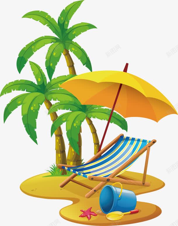 海滩度假懒人椅png免抠素材_新图网 https://ixintu.com 懒人椅 椰子树 沙滩 沙滩对啊 矢量png 蓝色小桶 遮阳伞