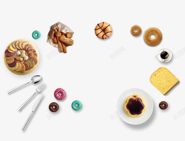 面包咖啡西式餐点png免抠素材_新图网 https://ixintu.com 下午茶 刀叉 咖啡 甜甜圈 西式餐点 西餐 面包