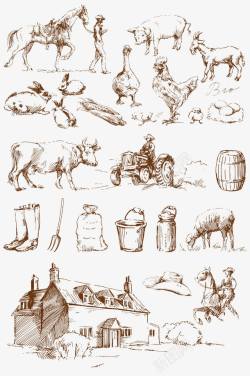 木桶手绘手绘线条牧场动物们高清图片
