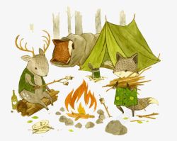 水彩帐篷狐狸与鹿烧烤高清图片