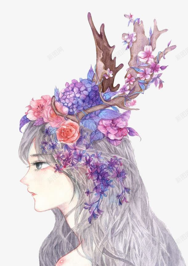 紫色女孩png免抠素材_新图网 https://ixintu.com 卡通 女孩 小鹿 手绘 水彩 紫色 装饰 鲜花