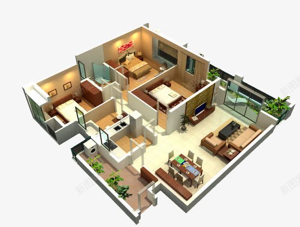 住宅剖视图png免抠素材_新图网 https://ixintu.com 3D 俯视图 室内装修 建筑 模型