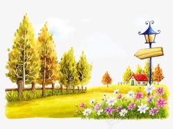 中国风水彩插画png素材手绘秋季美景插画高清图片