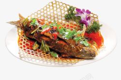 一盘中华美食水饺盘子中的竹篱烤鱼高清图片