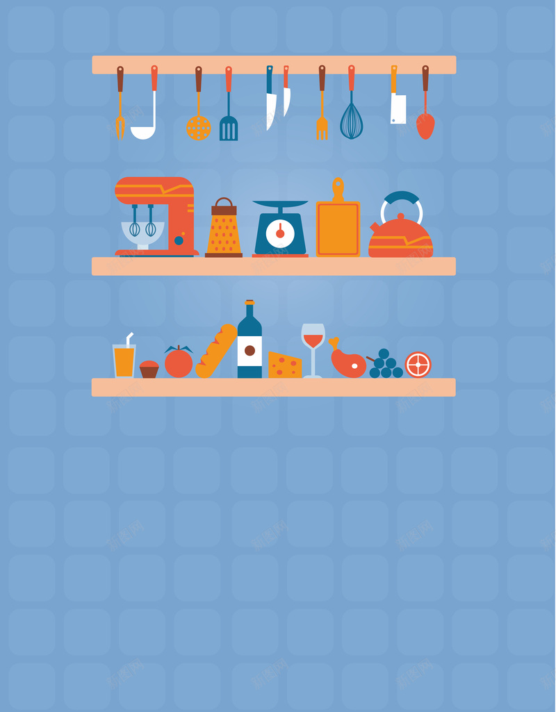 彩色架子上的厨具和食物海报背景矢量图
