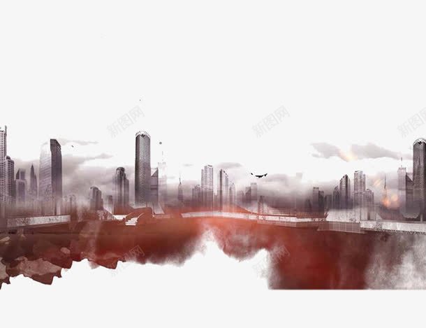 高楼大厦png免抠素材_新图网 https://ixintu.com 云朵 手绘 水墨 渲染 红灰色 迷幻 高楼大厦