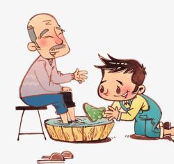 洗脚男孩卡通手绘给爷爷洗脚高清图片