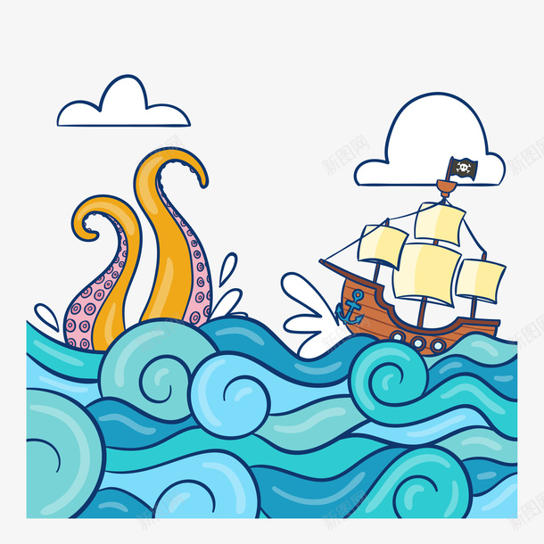 出海装饰案矢量图ai免抠素材_新图网 https://ixintu.com 云朵 光泽 出海 卡通 手绘 海浪 渐变 船只 装饰 质感 矢量图