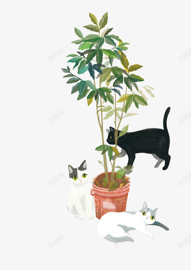 卡通手绘猫与盆栽png免抠素材_新图网 https://ixintu.com 创意 动漫动画 卡通手绘 猫与花盆 盆栽 简约