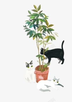 猫与花盆卡通手绘猫与盆栽高清图片