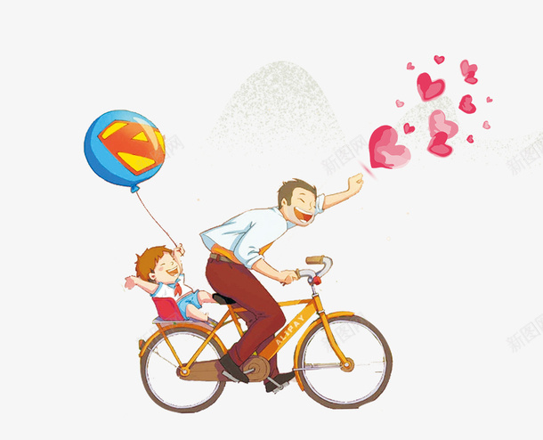 卡通手绘骑车的爸爸带着孩子psd免抠素材_新图网 https://ixintu.com 卡通 带着孩子 手绘 拿着气球的孩子 气球装饰 爱心装饰 父爱 骑车的爸爸