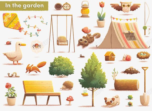 公园png免抠素材_新图网 https://ixintu.com 动物 卡通 手绘 放风筝 椅子 环境 绿色植物 集合