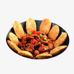 玉米饼铁锅鸡肉馒头片铁锅炖鸡高清图片