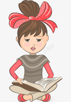 专心读书卡通扎着红色头绳的女孩高清图片