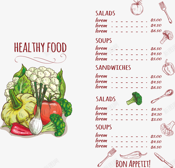 水彩蔬菜菜单矢量图ai_新图网 https://ixintu.com 卡通手绘 水彩 点菜 绿色 花菜 菜单 蔬菜 矢量图