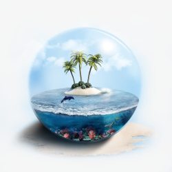旅游玻璃球里面的大海岛屿海豚素材