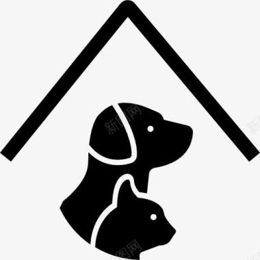 蹲着的狗宠物酒店标志与一只狗和一只猫在屋顶线图标图标
