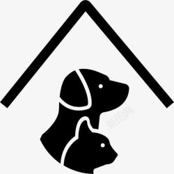 领养流浪动物宠物酒店标志与一只狗和一只猫在屋顶线图标高清图片