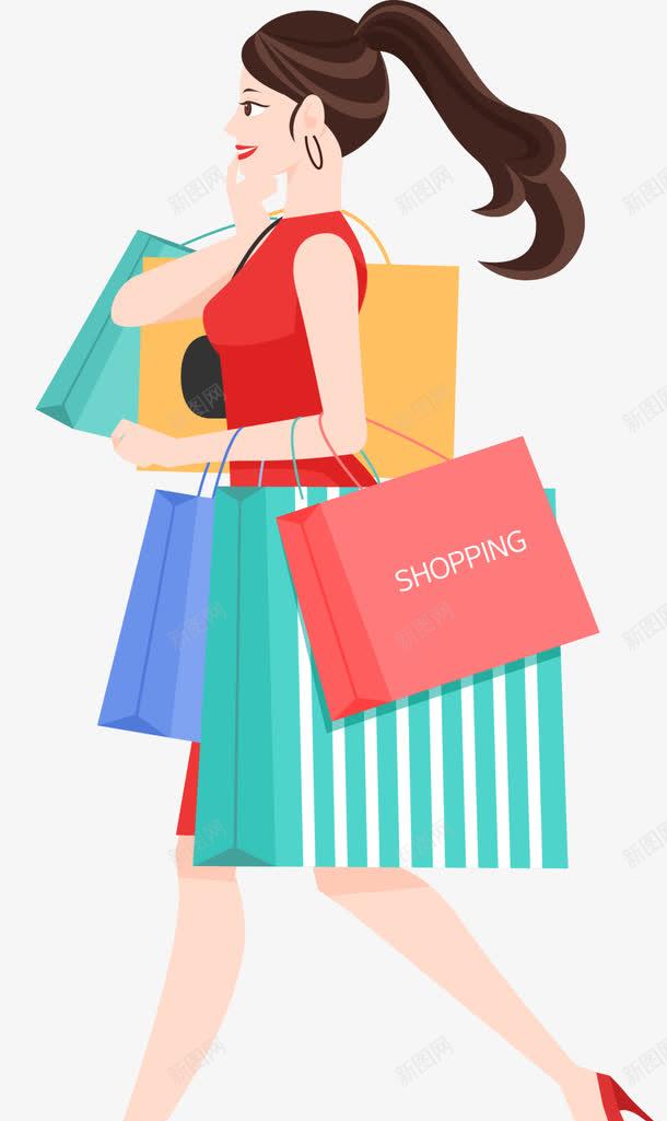 购物中的女人png免抠素材_新图网 https://ixintu.com 多彩手提袋 水彩 红色衣服 美丽女人 购物 马尾辫