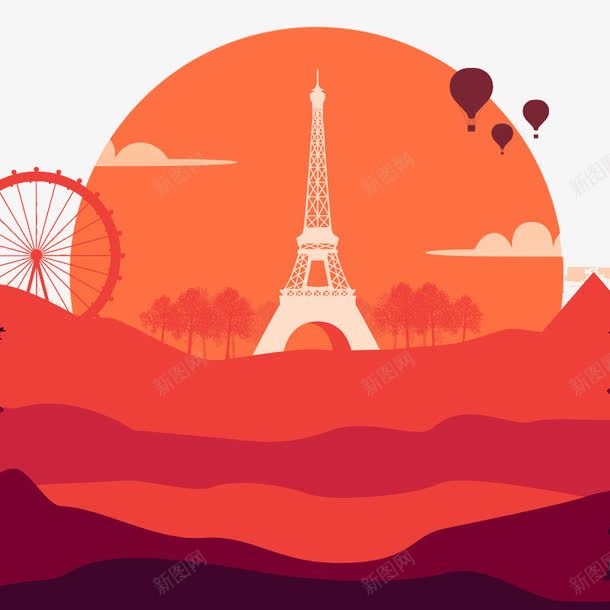 法国旅游png免抠素材_新图网 https://ixintu.com 国外创意素材 巴黎之眼 热气球 红色 艾菲尔铁塔 适量插图
