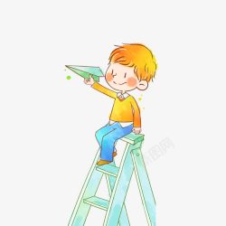 木质梯子坐在梯子上放纸飞机的男孩高清图片