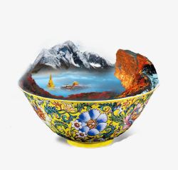 花纹瓷碗黄色中国风花纹瓷碗山水湖面高清图片