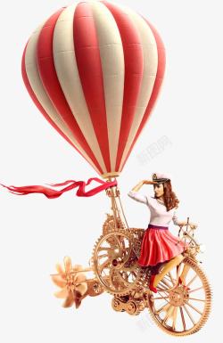 升天红气球红色调热气球机械创意自行车高清图片
