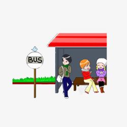 公交站台设计在公交站台等车的男孩女孩高清图片