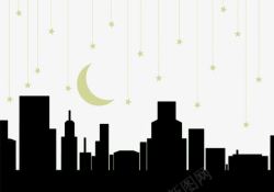 黑夜城市中挂在天空的星星月亮高清图片