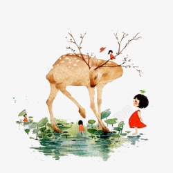 抱着花的小女孩荷塘上面的梅花鹿高清图片