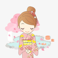 日式温泉卡通手绘和服美女日式露天温泉浴高清图片