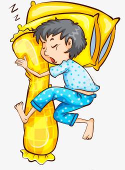 黄色睡衣抱着枕头睡觉的男孩高清图片
