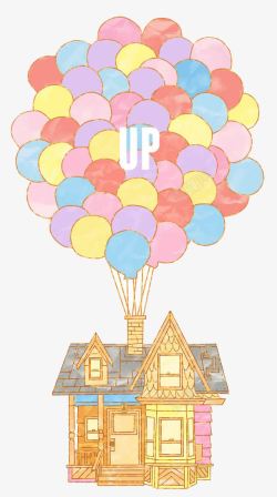气球带着飞的房子简约可爱彩色飞屋图形高清图片