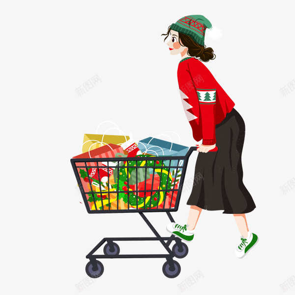 卡通手绘推着购物车的女人png免抠素材_新图网 https://ixintu.com 促销 卡通手绘推着购物车的女人 购物 购物狂欢