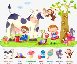卡通牧场挤牛奶的小男孩矢量图高清图片