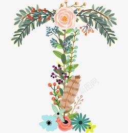 手绘植物花卉创意英文字母T素材