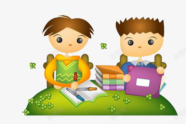 在绿地上学习png免抠素材_新图网 https://ixintu.com 两个孩子看书 好多书本 好学生 害怕的人 爱好学习 紫色的书本 绿色的草地上