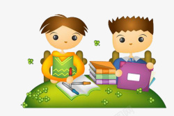 两个孩子看书在绿地上学习高清图片