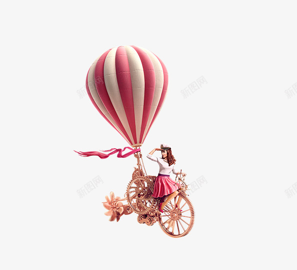 卡通手绘骑车的女孩png免抠素材_新图网 https://ixintu.com 免抠卡通女孩 卡通 手绘 粉色丝带 粉色的热气球 骑车的女孩
